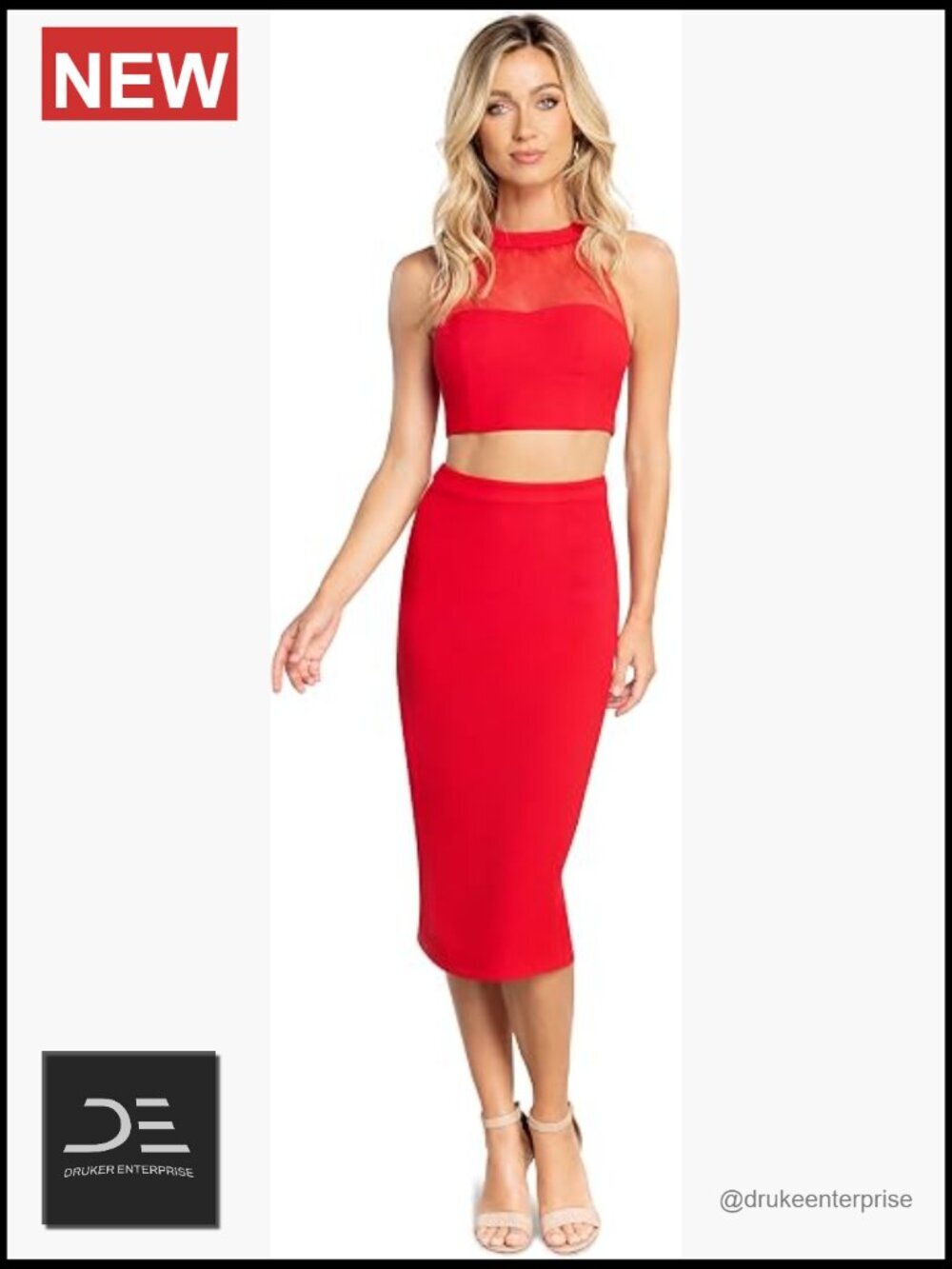 Two Piece Set - Faux Halter Top & Pencil Skirt